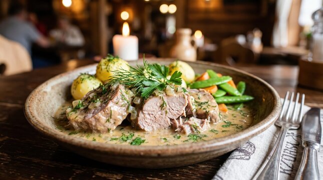 Close-up of pork tenderloin in cream sauce, braised, Polish dish.