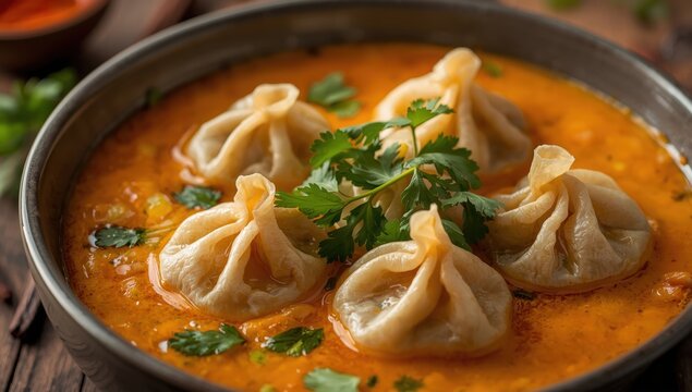 Close-up of red curry wonton soup. Thai coconut dumpling broth.