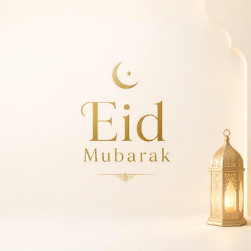 Eid mubarak golden text greeting card design with a glowing lantern and crescent moon symbol illustration
