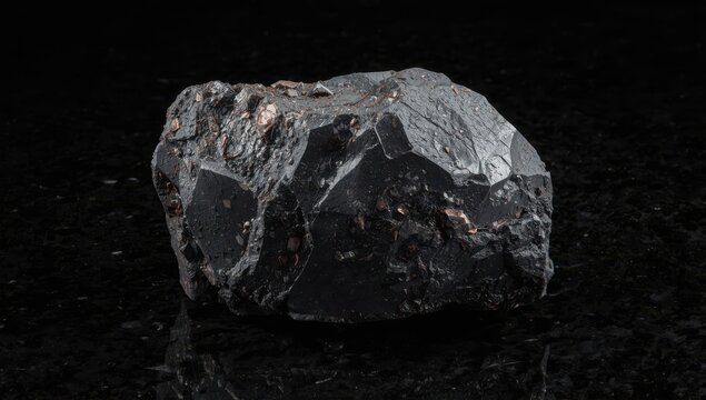 Close-up of rough wolframite on black granite from Altai, Russia.