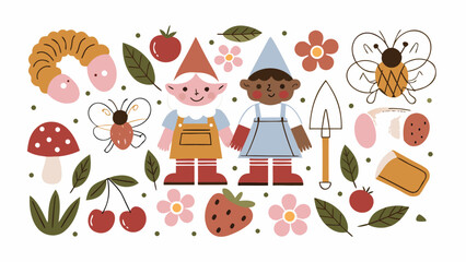 A collection of garden themed vector illustrations featuring gnomes insects and produce on a white background gnome insect bee caterpillar ladybug © Rabindrabath