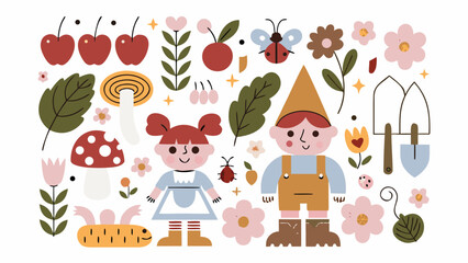 Floral ornament with garden characters and botanical elements in a flat vector illustration style cherry flower foliage gardening gnome ladybug leaves © Rabindrabath