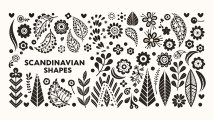 Black floral ornament arrangement with leaves and stylized botanical shapes on a white background illustration flower pattern leaf motif scandinavian design © Rabindrabath