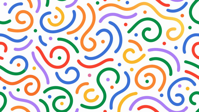 Colorful squiggle pattern on a white background features looping lines and scattered circular dots abstract art bright contemporary curved design doodle