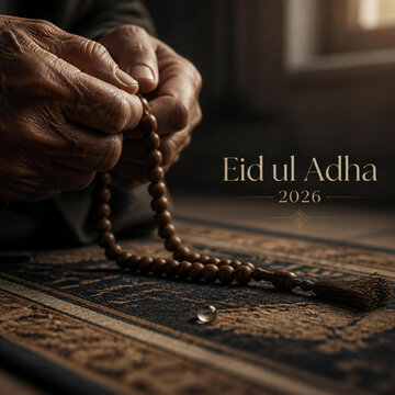 Hands holding prayer beads for eid ul adha 2026 celebration with a dark moody and spiritual atmosphere
