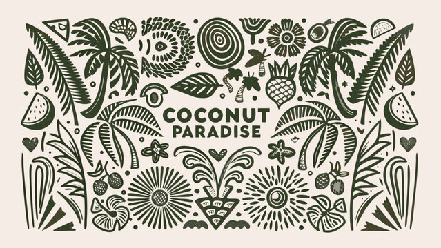 Tropical floral ornament with palm leaves watermelon slices and coconuts in a dark green vector illustration botanical foliage leaf coconut fruit