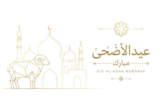 Eid al adha mubarak greeting card design with a geometric line art sheep illustration and arabic text
