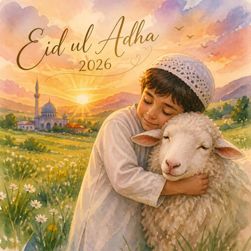 Young boy hugging a sheep with eid ul adha greeting and mosque in background at sunset
