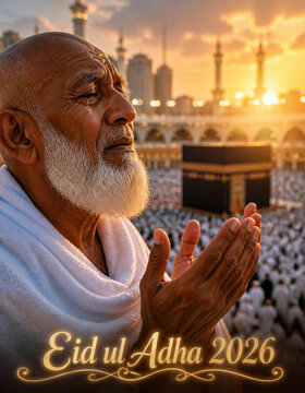 Elderly muslim man praying during eid ul adha with kaaba in mecca background
