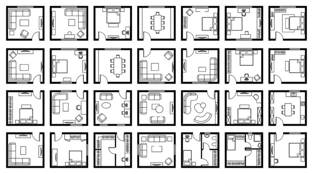 Residential Floor Plan CAD Collection Featuring Furnished Apartment Layout Variations and Interior Templates
