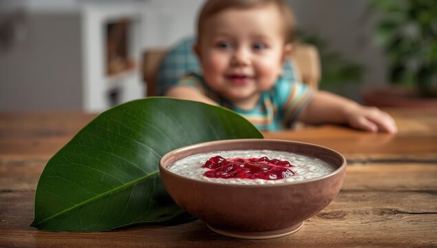 Coconut milk rice porridge with raspberry chia spread.