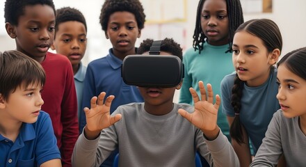Obraz premium Young Students Explore Virtual Reality Technology in Classroom Setting
