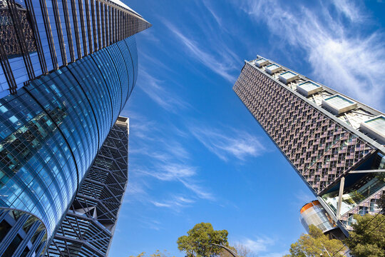 A dramatic low angle perspective of modern corporate business skyscrapers and financial district office buildings on Reforma Avenue in Mexico City Mexico