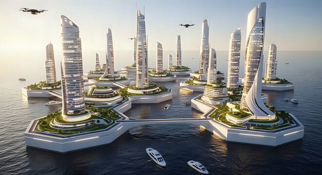 Futuristic floating city on ocean with modern skyscrapers and advanced