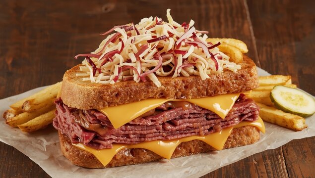 Corned beef, cheese, and sauerkraut sandwich. Traditional New York meal.