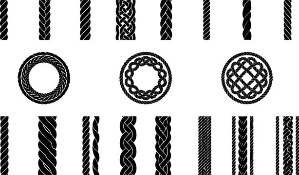 Detailed black rope and cord illustration set showcasing braided patterns, circular knots, and decorative weaving styles for design and craft references