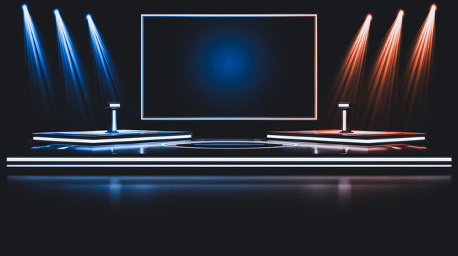 Futuristic debate stage podiums screen dark digital studio