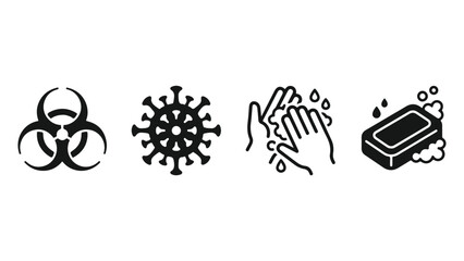 Minimalist healthcare vector icon set featuring 6 line art symbols with typography labels inside rounded square badges. © fatime