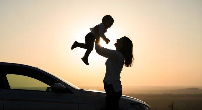 Mother Holding Child up in Air Near Car Silhouette at Golden Hour Sunset