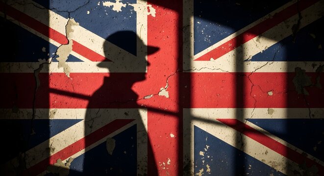 Silhouette of a Person Wearing a Hat Against the Union Jack Flag