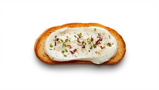 Cream cheese crostini on a white background. High-resolution photo.