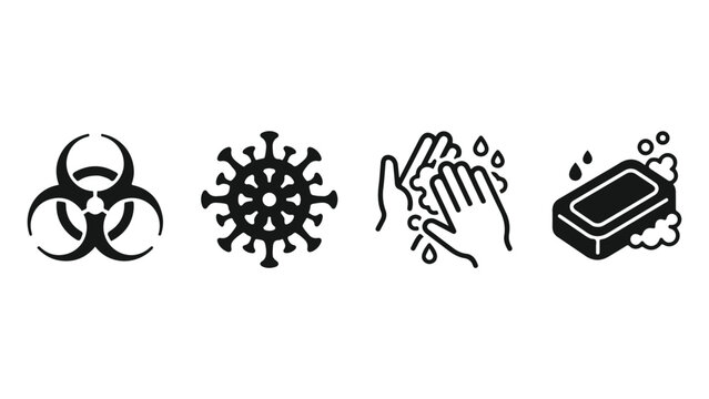 Minimalist healthcare vector icon set featuring 6 line art symbols with typography labels inside rounded square badges.