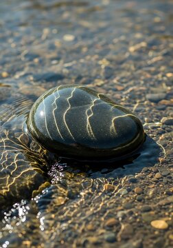 Close-up of a smooth dark stone in clear shallow water with light reflections