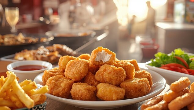 Crispy chicken nuggets with a tender interior, quick meal.