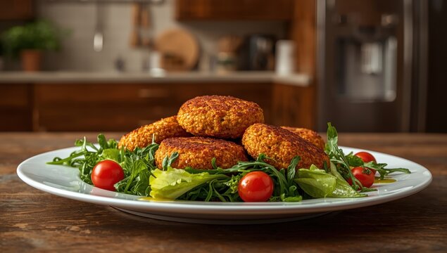 Crispy chickpea patties and green salad leaves