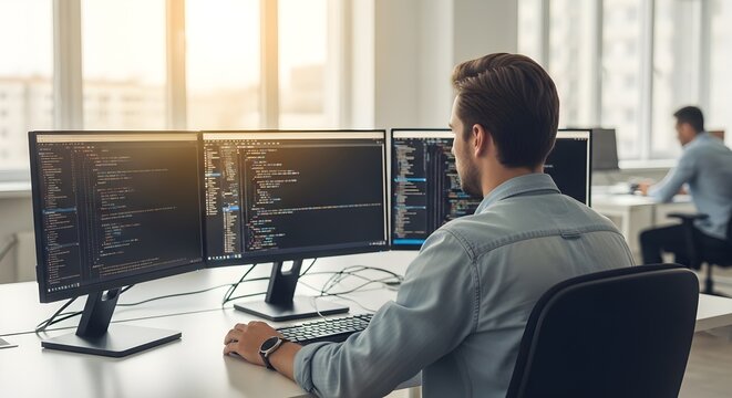 Man Working on Computer with Multiple Monitors and Code