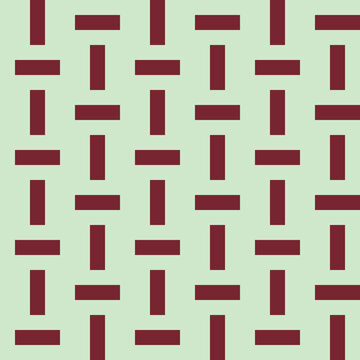 Seamless pattern designed from alternating horizontal and vertical maroon rectangles on a pale green background background