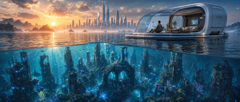 21:9 cinematic panoramic view of massive underwater cyberpunk city ruins with a futuristic floating pod house on the ocean surface at sunset.