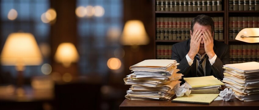 Stressed overworked male lawyer holding his head in hands behind a massive messy pile of legal documents in office. Legal bureaucracy and burnout concept.