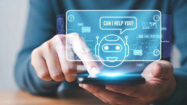 Hand holding a smartphone with a chatbot interface