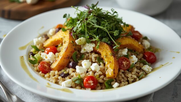 Delicious farro salad featuring roasted delicata squash, feta, microgreens, and herb dressing on a white plate &ndash; nutritious plant-based dish.