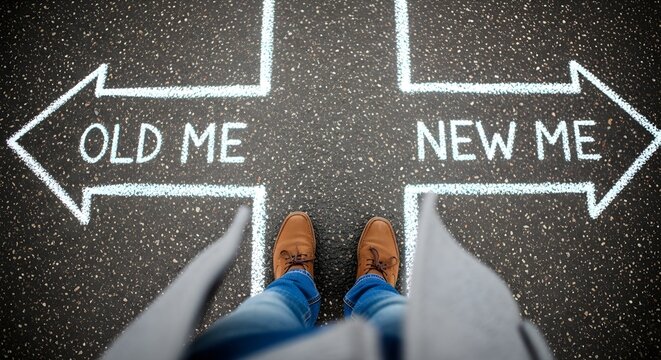 Choosing a New Direction Person Standing at Crossroads Between Old and New Self