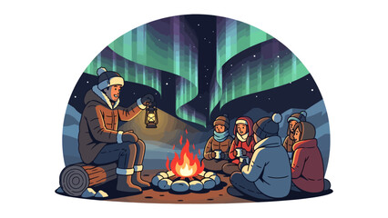 Arctic Nights Storytelling: A group gathers around a crackling campfire under the mesmerizing dance of the aurora borealis, sharing tales and warmth in the crisp arctic air. © Md
