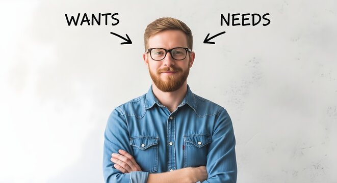 Man with Wants and Needs Arrows Pointing to His Head Demonstrating a Concept