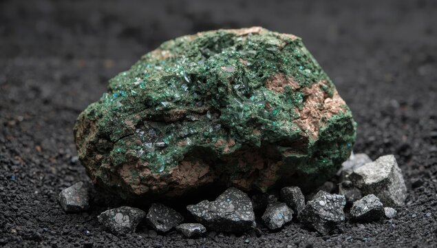 Detailed view of a rugged, aged copper ore rock featuring natural crystals.