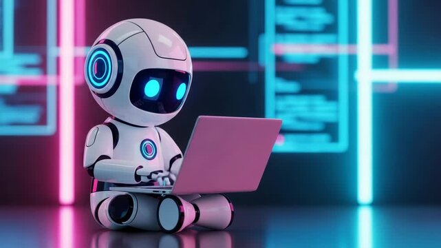 Small cute robot working on a laptop