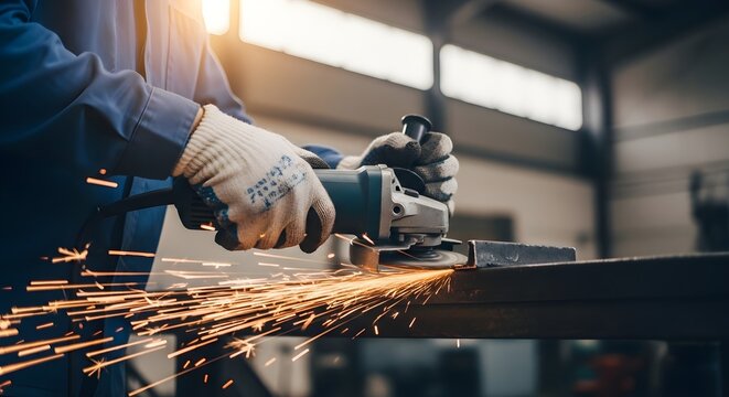 Industrial Worker Grinding Metal with Sparks Flying at a Workshop