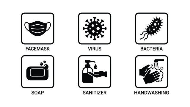 Public health protection vector icon set featuring 6 black silhouette badges in rounded square frames with text labels.