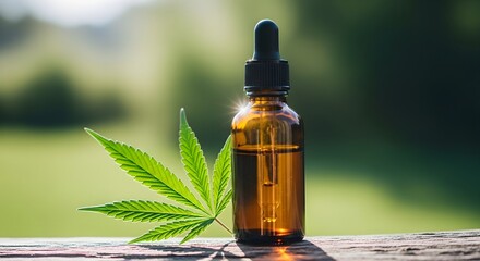 Fototapeta premium Cannabis Oil Dropper Bottle with Leaf on a Wooden Surface