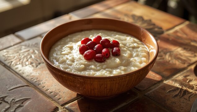 Dish of tasty rice dessert and cranberry on tiled surface.