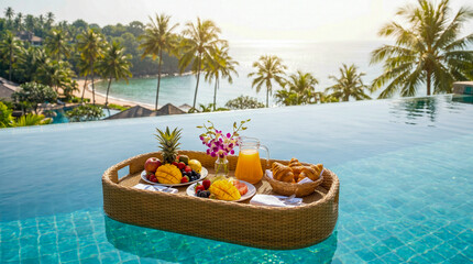 Obraz premium Desayuno flotante en piscina tropical con ambiente exclusivo y relajante de vacaciones.