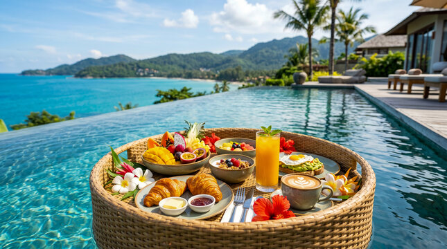 Desayuno flotante en piscina tropical con ambiente exclusivo y relajante de vacaciones.