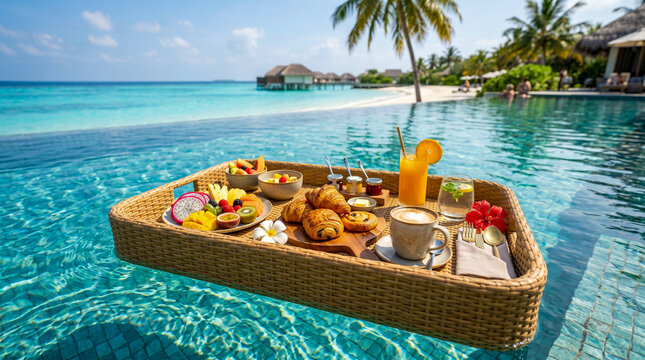 Desayuno flotante en piscina tropical con ambiente exclusivo y relajante de vacaciones.