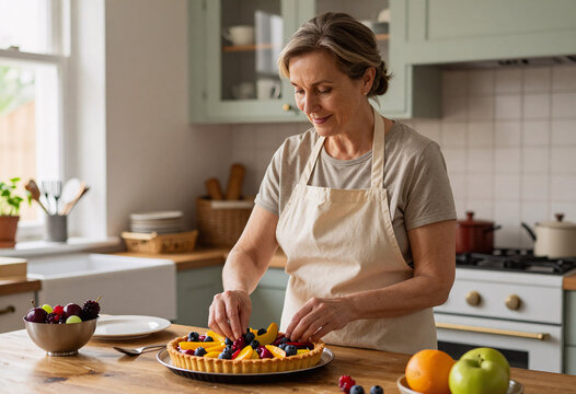 Mature Woman Baking Homemade Fruit Tart in Classic Kitchen