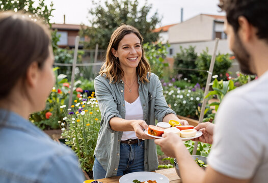 Woman Sharing Homemade Food with Neighbors in Barcelona Garden