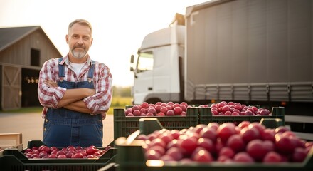 Fototapeta premium Farmer Standing with Arms Crossed Next to Crates of Freshly Picked Raspberries